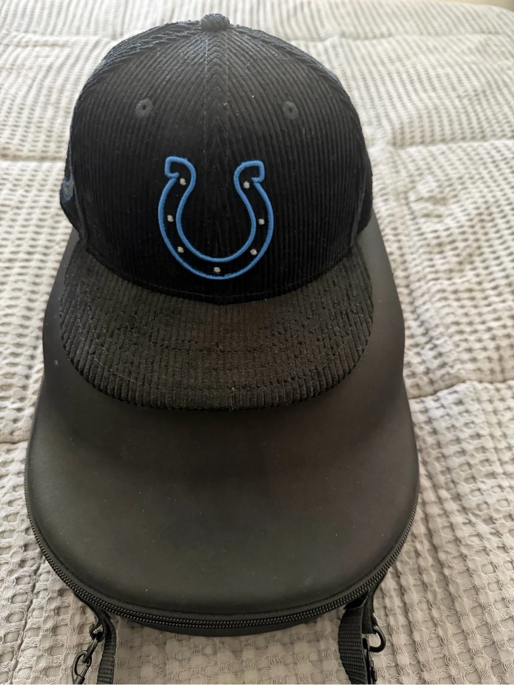 New Era Black Corduroy Cap with Light Blue Horseshoe